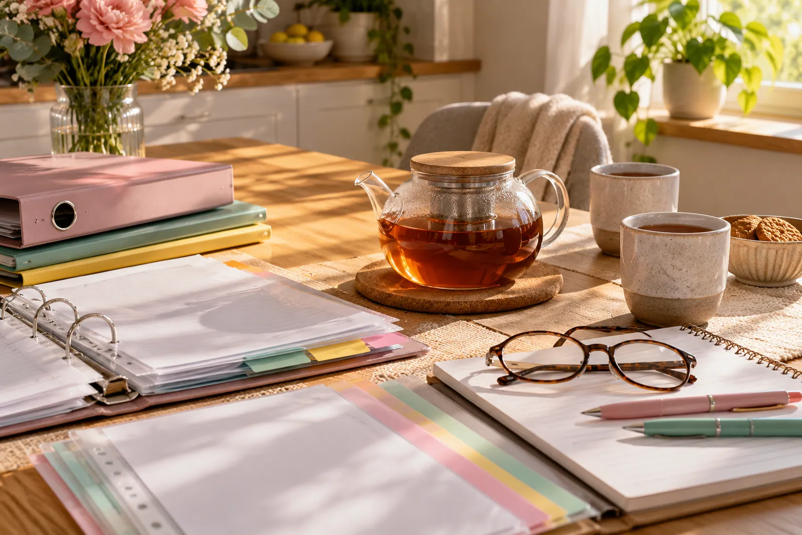 Dzbanek herbaty i kubki na stole, popołudniowe światło